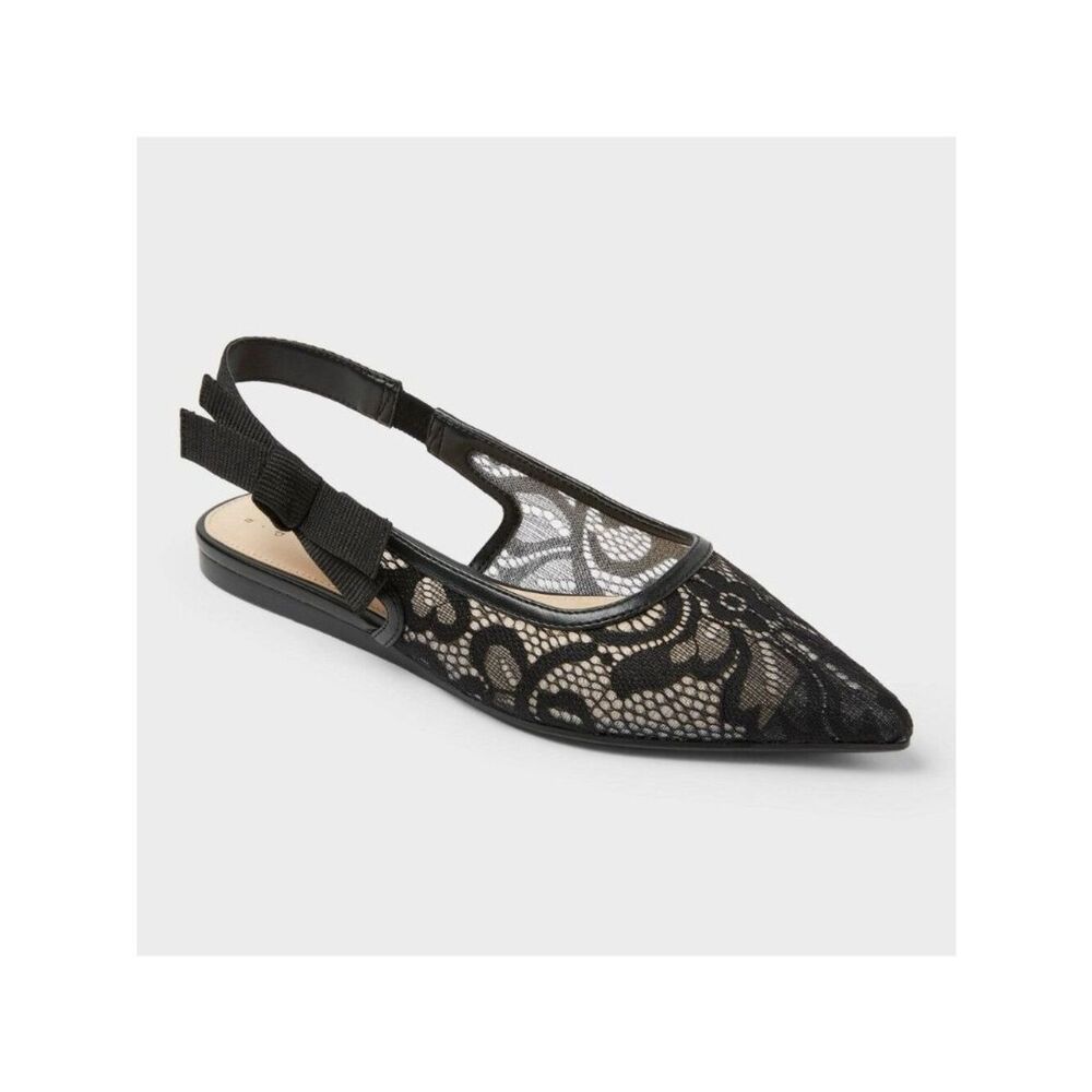 Women's London Lace Sling Back Bow Flats - a New Day™ Black 8: Cushioned Insole,